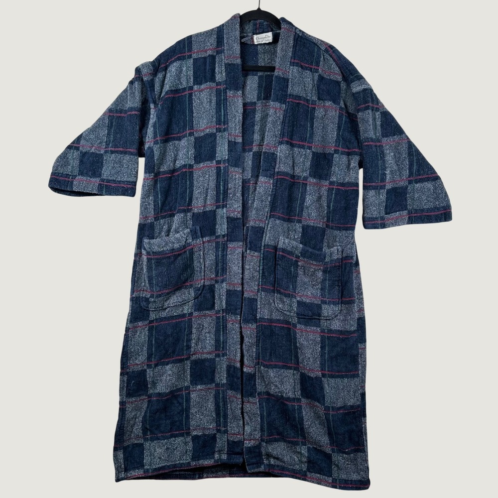 Vtg Christian Dior Robe de Chambre Mens Plaid Terry Cloth Bathrobe OS Checkered